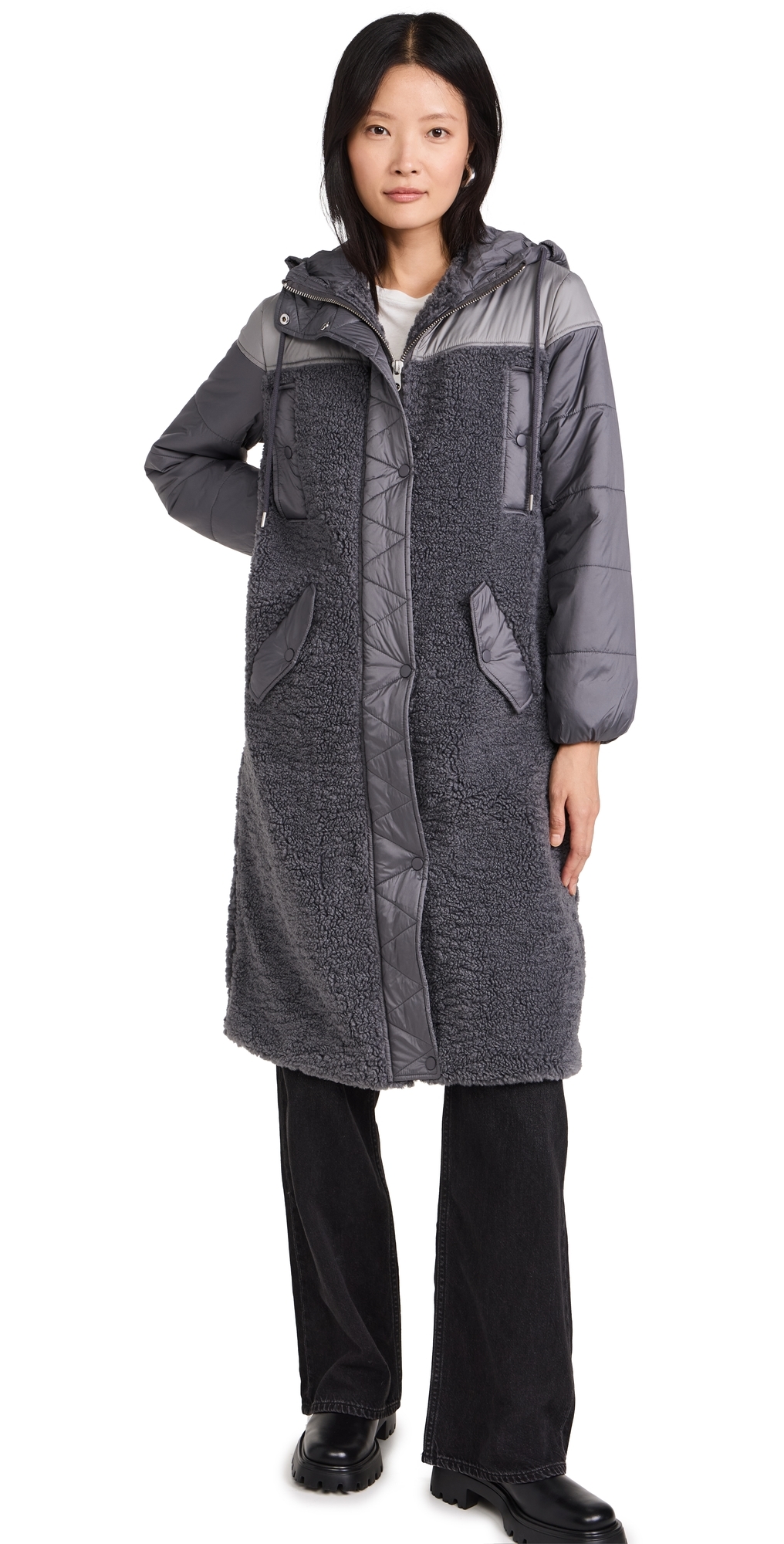 Avec Les Filles Faux Shearling Quilted Hooded Coat Charcoal S