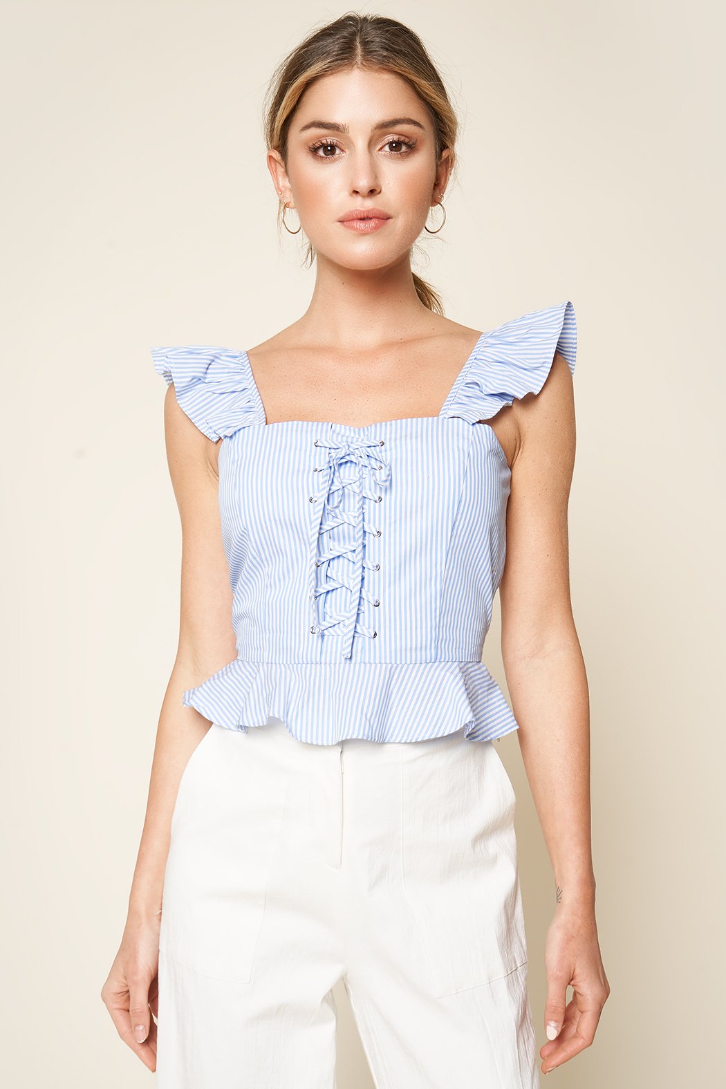 Averi Striped Lace Up Peplum Top