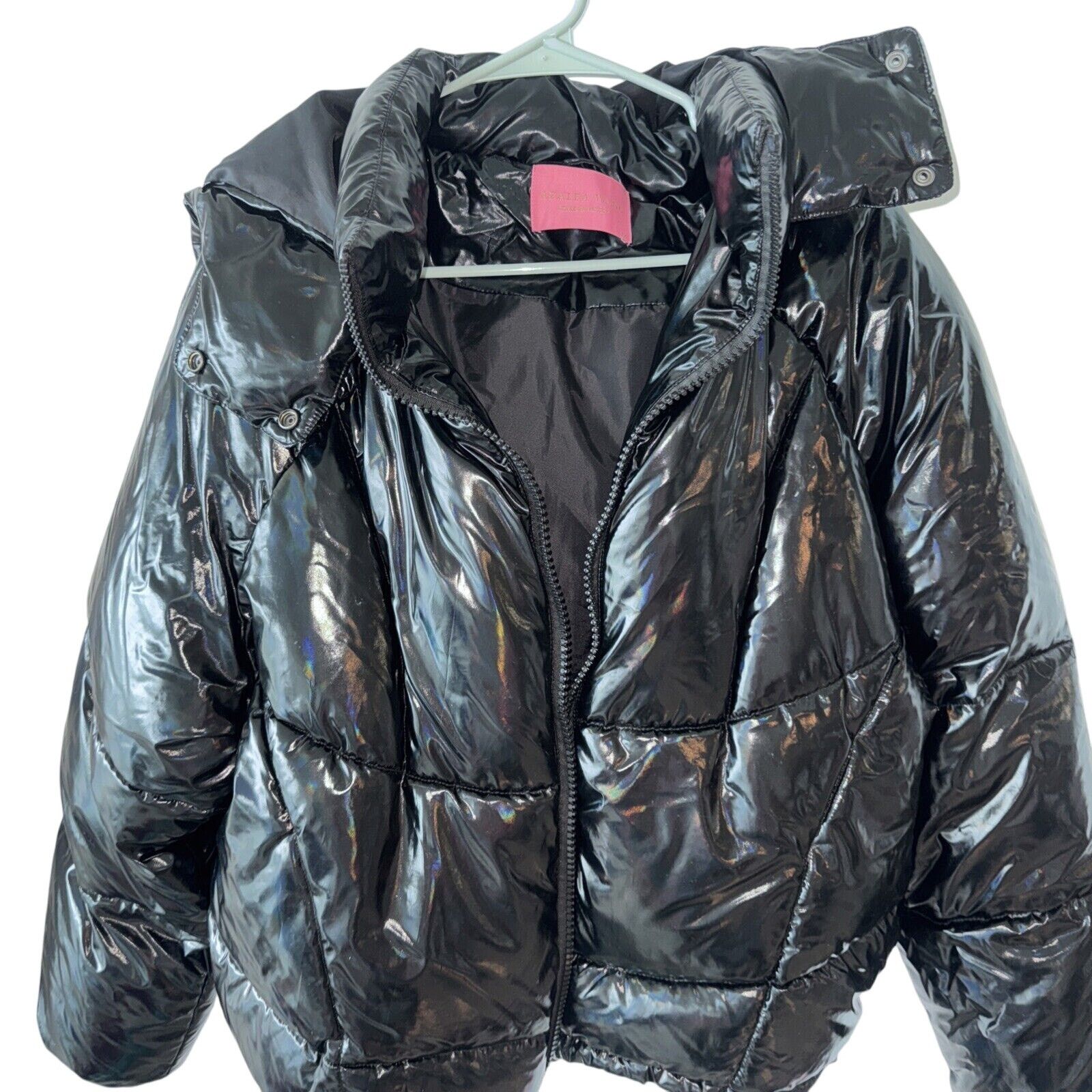 Azalea Wang Black Metallic Bomber Puffer Coat Medium Jacket, Women's