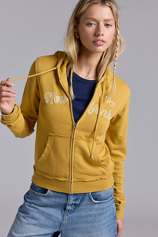 BDG Avril Bowling Embroidered Graphic Zip-Up Hoodie Sweatshirt in Dark Yellow, Women's at Urban Outfitters