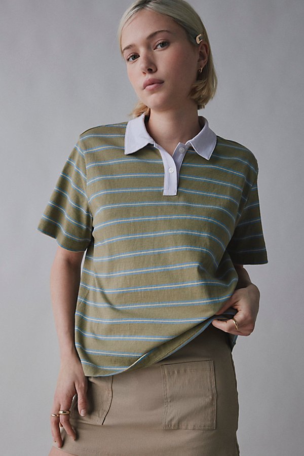 BDG Turner Short Sleeve Polo Shirt Top in Green Stripe, Women's at Urban Outfitters