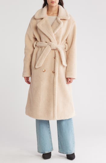 BLANKNYC Tie Waist Faux Shearling Coat in Oat Milk at Nordstrom Rack, Size Small