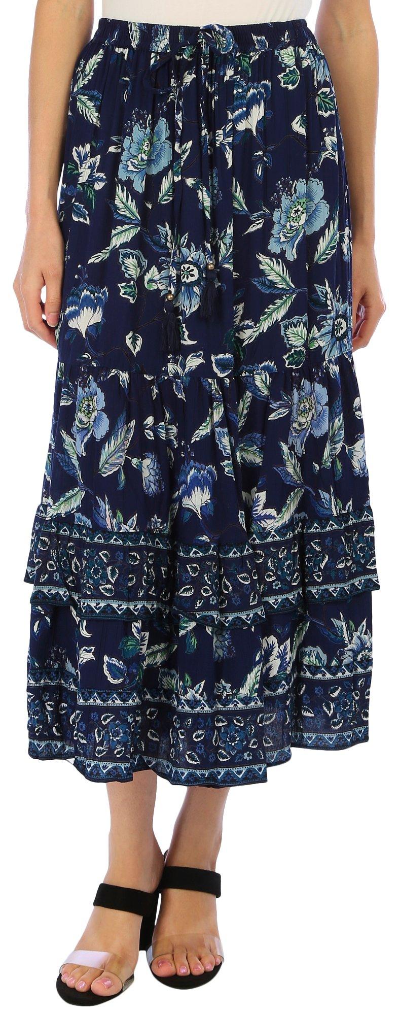 BUNULU Womens Border Print Tiered Ruffle Long Skirt