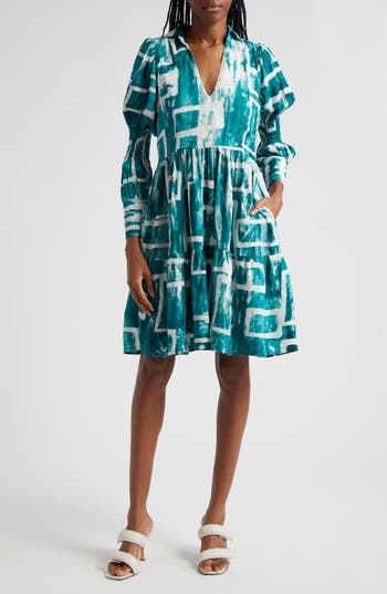 BUSAYO Wande Long Sleeve A-Line Dress in White/Green at Nordstrom Rack, Size Xx-Small