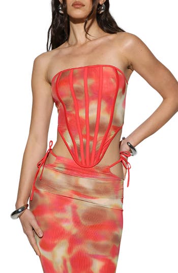 BY.DYLN Khloe Corset Top in Red Printed Mesh at Nordstrom Rack, Size X-Small