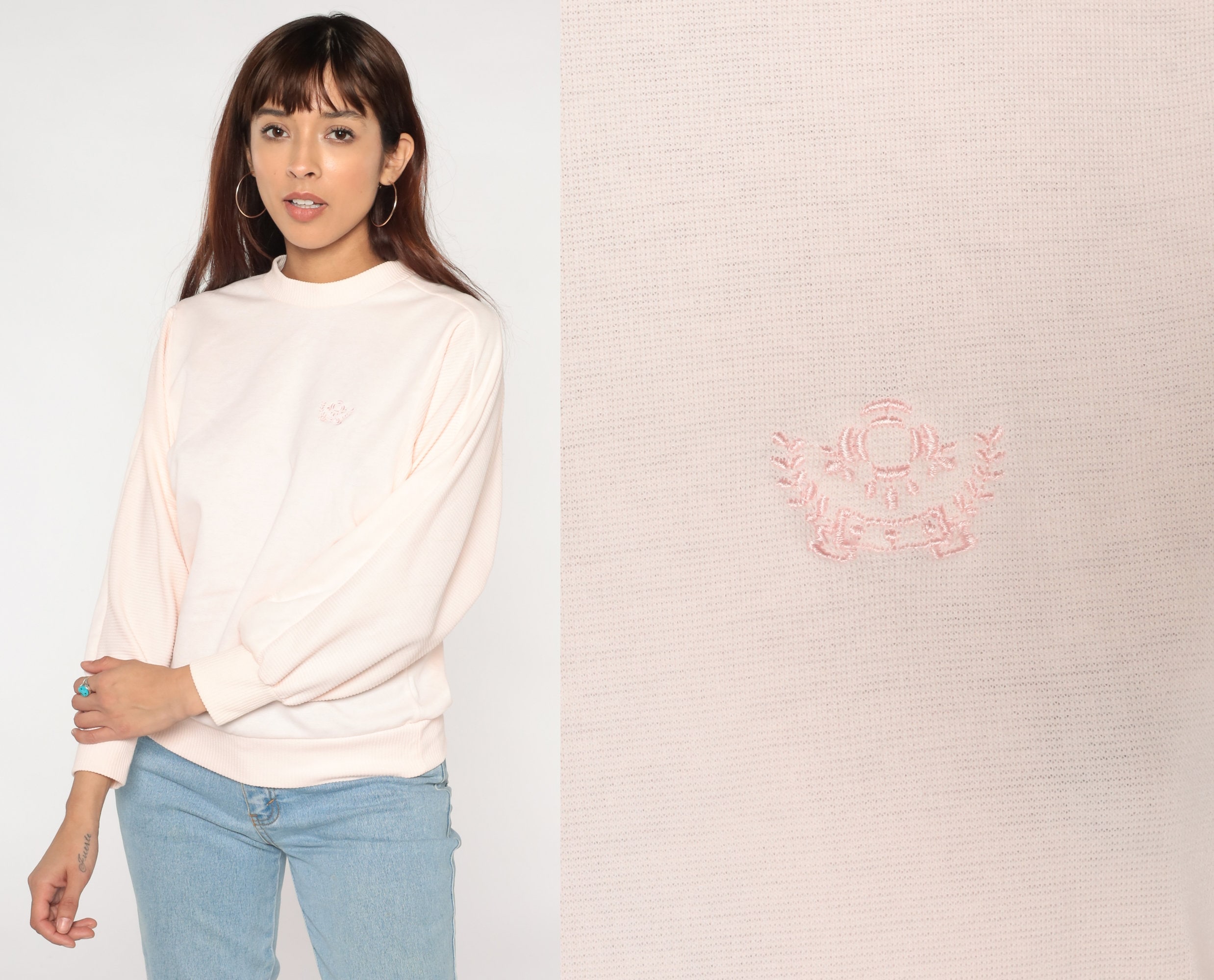 Baby Pink Sweatshirt 90S Pastel Knit Ribbed Sweater Embroidered Crest Retro Girly Plain Pullover Crewneck Jumper Vintage 80S Medium M