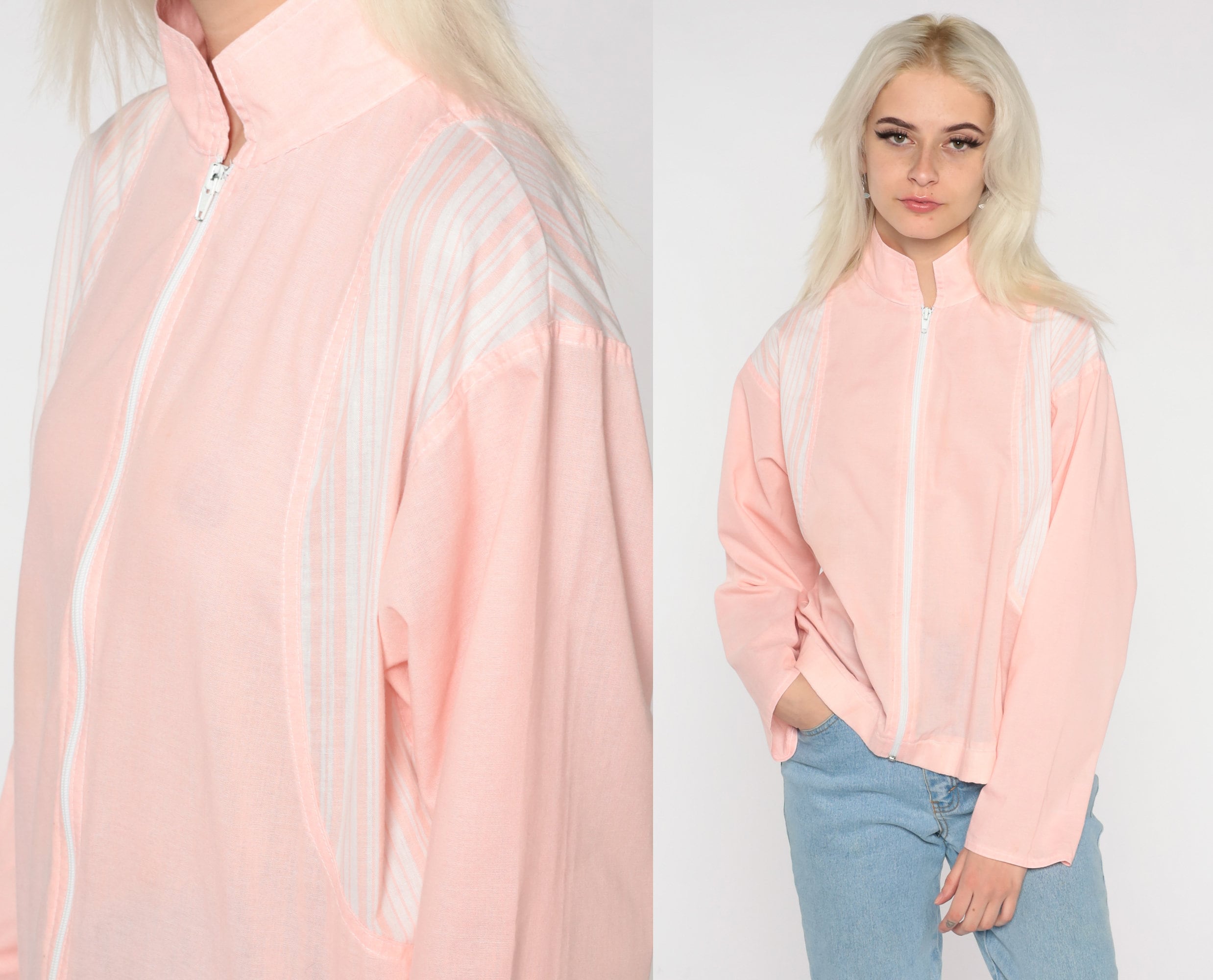 Baby Pink Windbreaker 80S Pastel Zip Up Jacket Plain Retro Striped Girly Lightweight Thin Shell Spring Vintage 1980S Small S