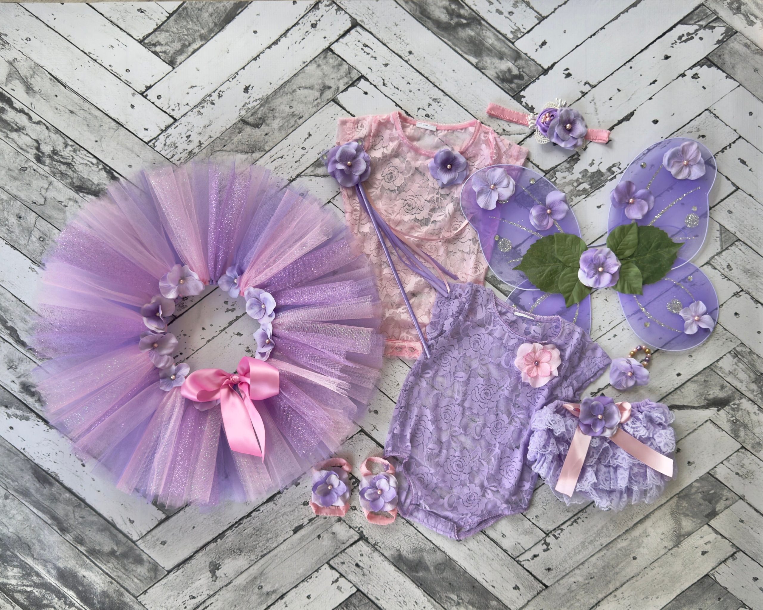 Baby Tutu Butterfly Outfit, Wings With Flowers, Lace Bodysuit Romper, Fabric Headband, Barefoot Sandals, Cake Smash Fairy Photo, Pearl, Half