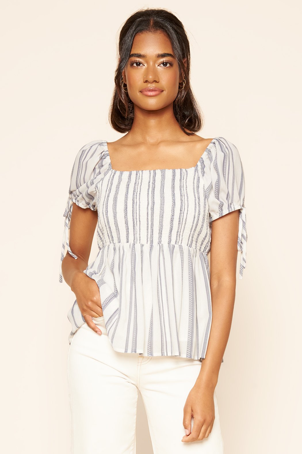 Baja Striped Puff Sleeve Peplum Top