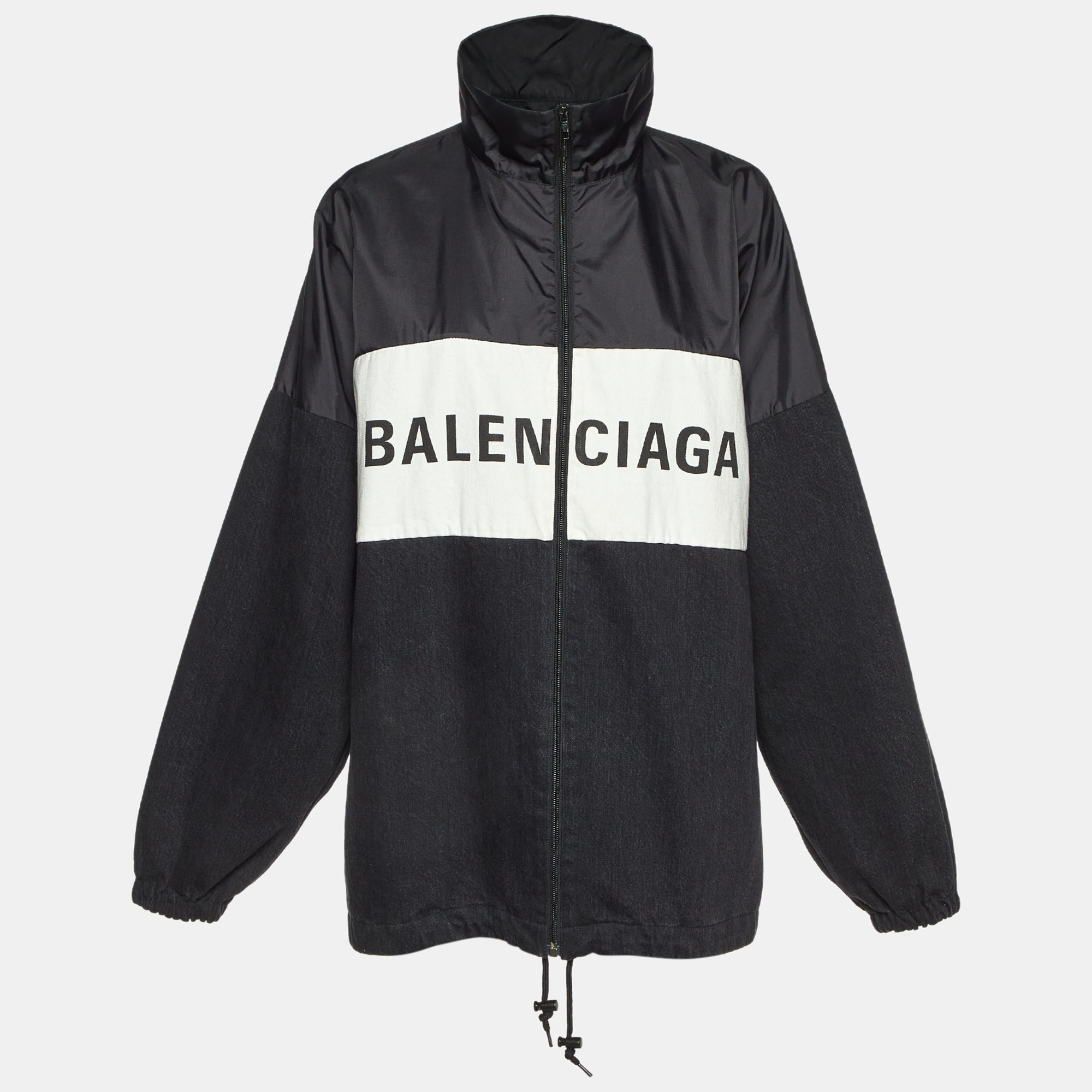 Balenciaga Black Logo Print Nylon & Denim Windbreaker Jacket S