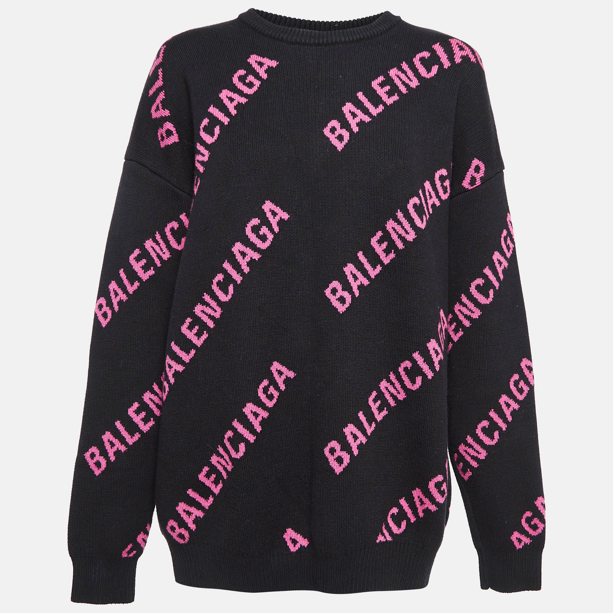 Balenciaga Black Monogram Patterned Cotton & Wool Blend Knit Sweatshirt M