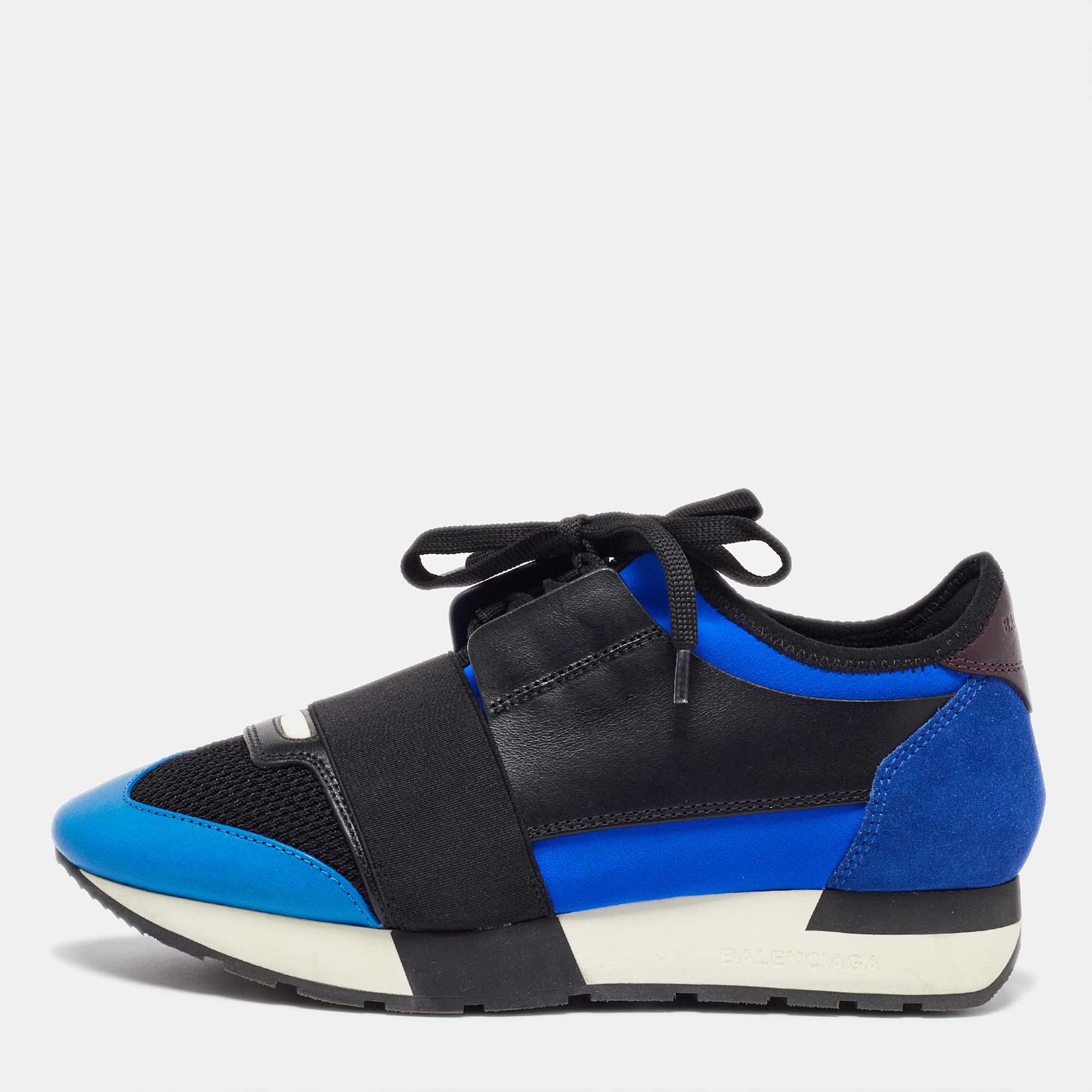 Balenciaga Blue Leather Mesh and Suede Race Runner Low Top Sneakers Size 37