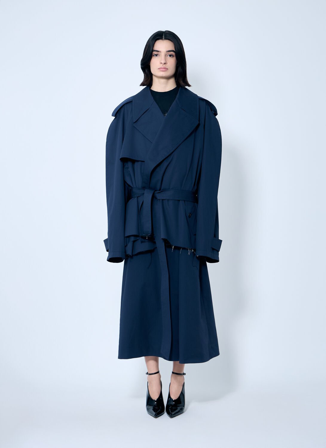 Balenciaga Cropped Distressed Hem Trench Coat - Woman Coats Blue 3