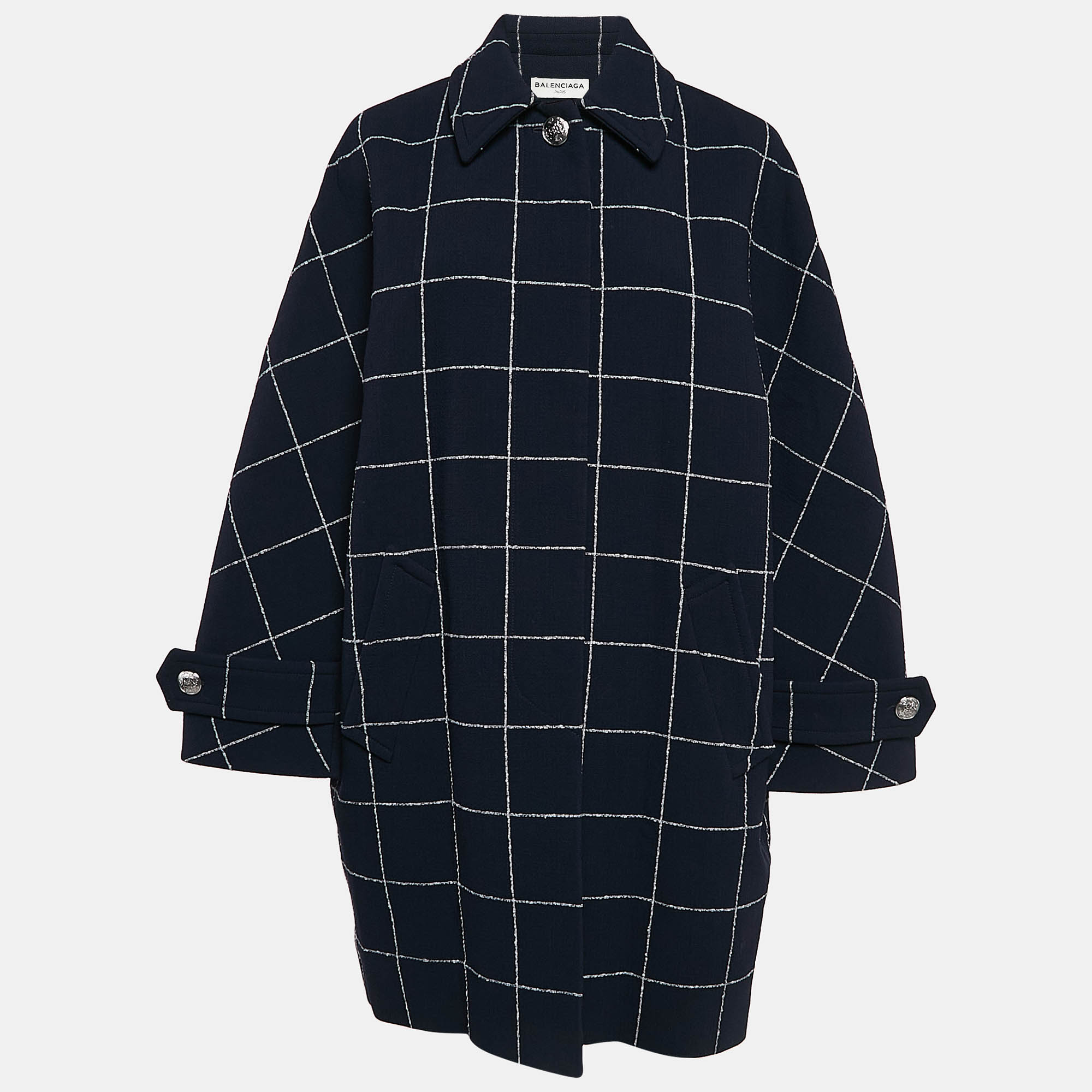 Balenciaga Navy Blue Checkered Wool Mid-Length Coat M