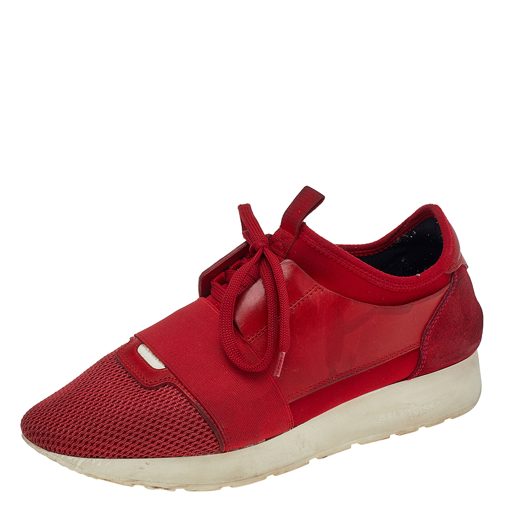 Balenciaga Red Mesh And Leather Race Runner Low Top Sneakers Size 39