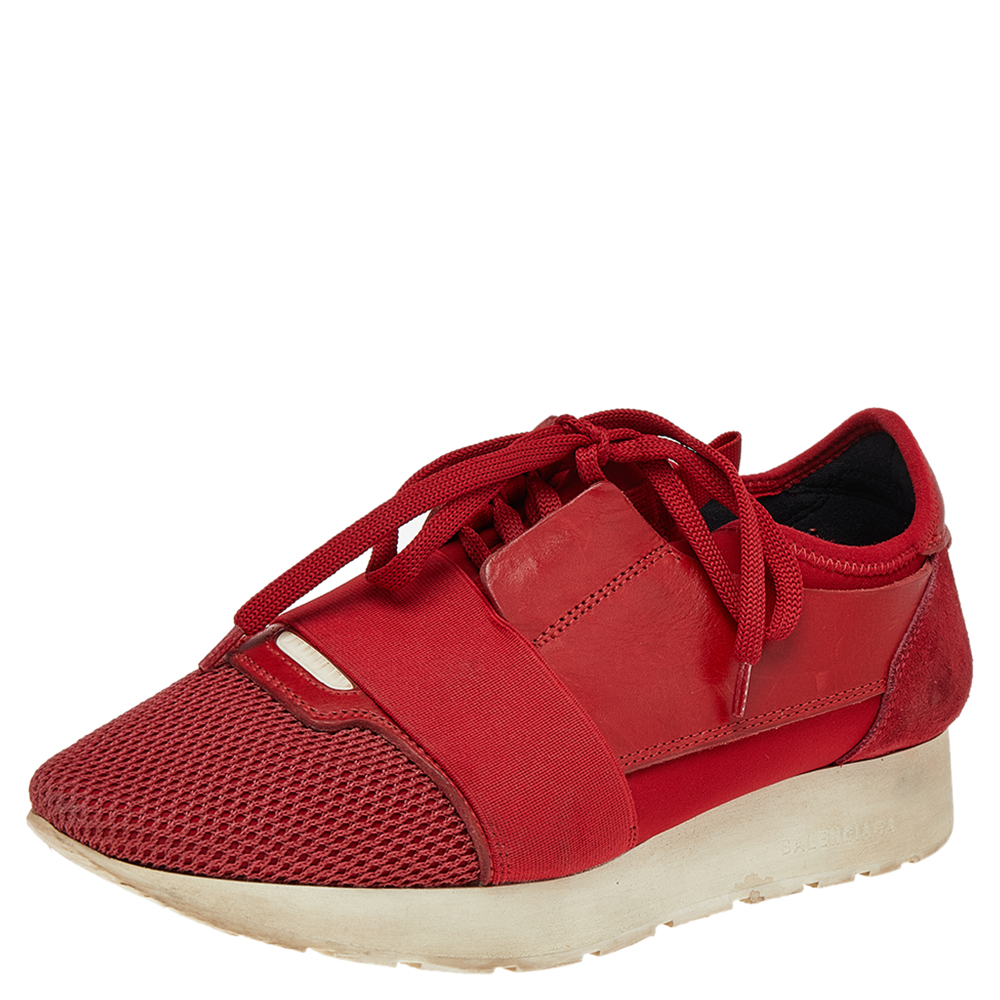 Balenciaga Red Mesh Leather and Suede Race Runner Low Top Sneakers Size 38