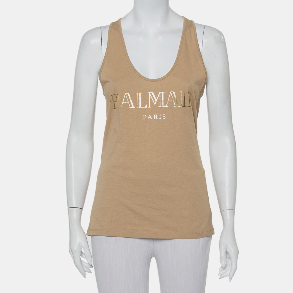 Balmain Beige Cotton Logo Printed Tank Top M