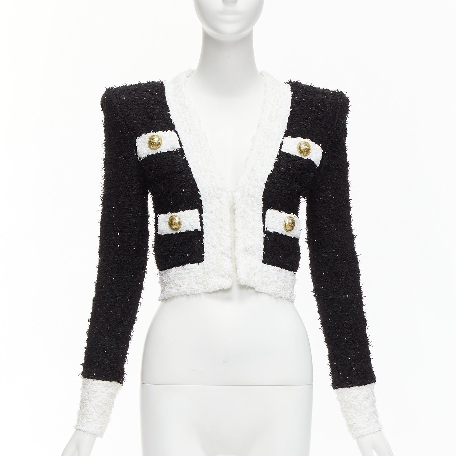 Balmain Black White Metallic Tweed 4 Pockets Cropped Blazer Jacket Fr34 Xs, Women's