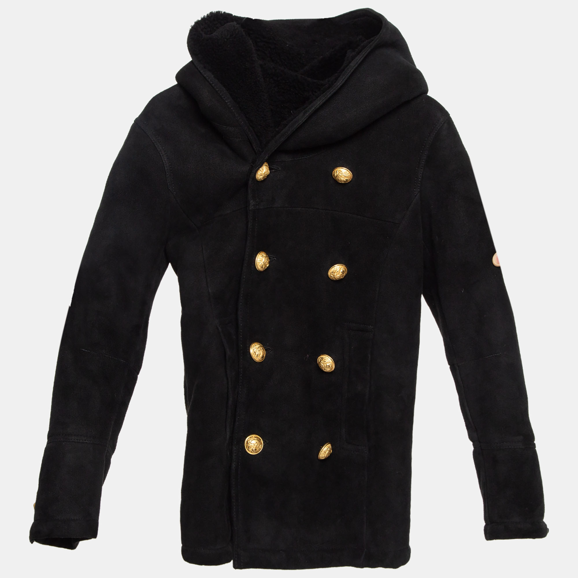 Balmain Black Wool Hooded Double Breast Shearling Coat 10A