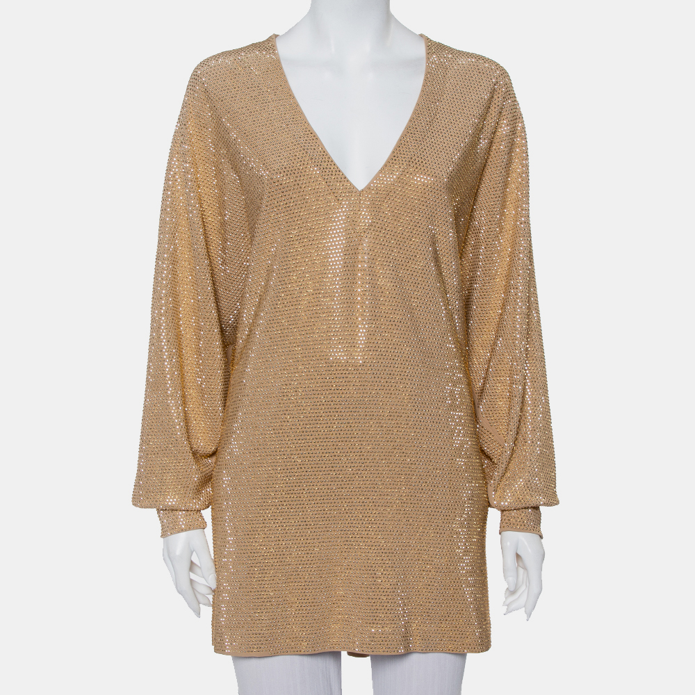 Balmain Gold Rhinestone Embellished Knit V-Neck Oversized Top M