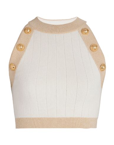 Balmain Gold-trimmed Knit Crop Top Woman Top White Size 4 Viscose, Polyester