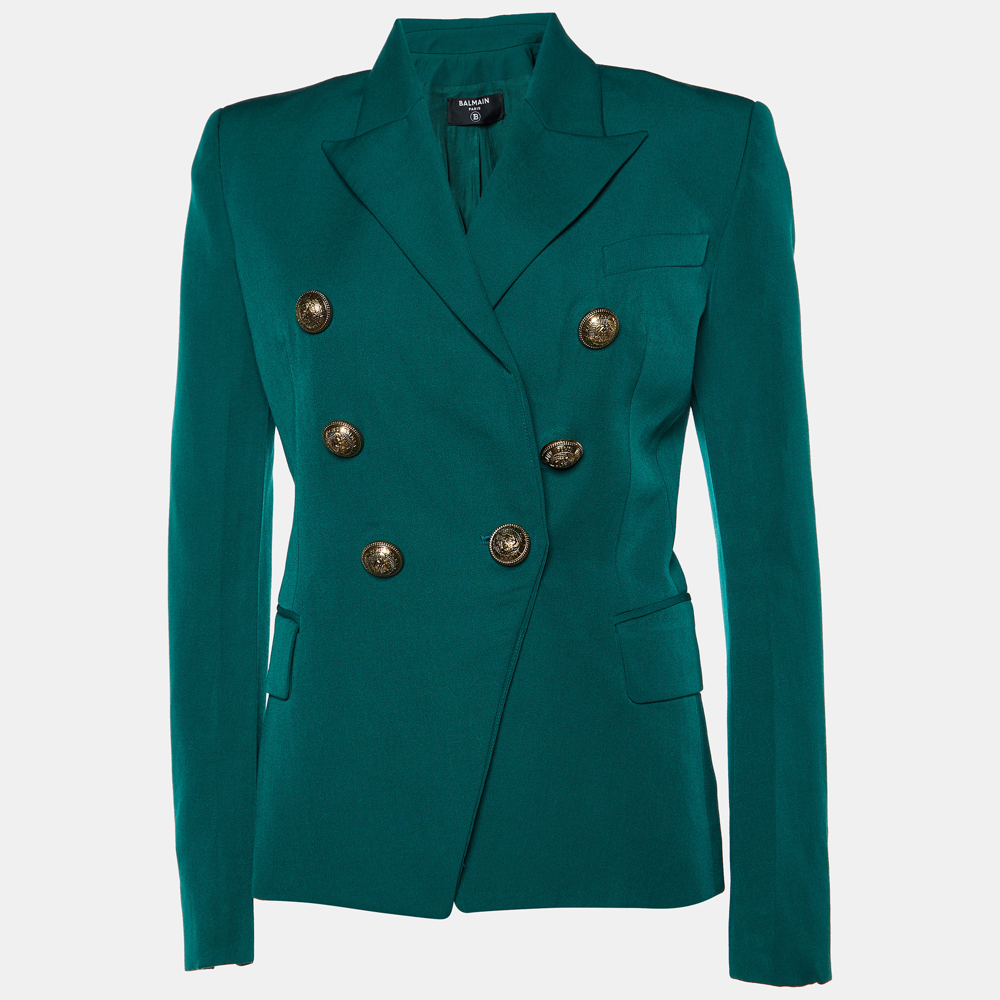 Balmain Green Wool Double Breasted Grain de Poudre Blazer S