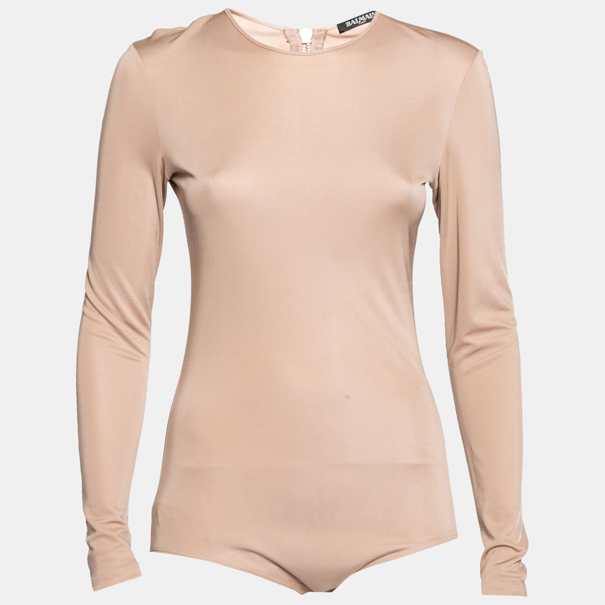 Balmain Nude Stretch Knit Long Sleeve Bodysuit M