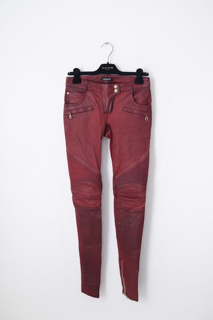 Balmain Ss14 Red Leather Biker Pants, Women's (Size 25)