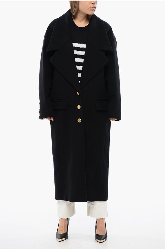 Balmain Virgin Wool Coat With Maxi Lapel in Black, Women's (Size Small)