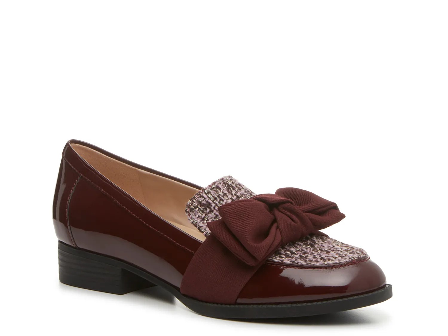 Bandolino Lindio Loafer | Women's | Burgundy Patent Synthetic/Pink Plaid Fabric | Size 6 | Loafers