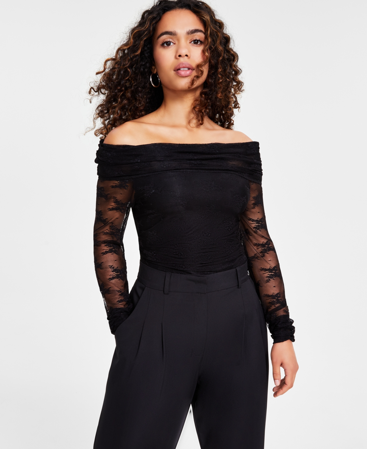 Bar Iii Petite Lace Off-The-Shoulder Long-Sleeve Top, Created for Macy's - Deep Black