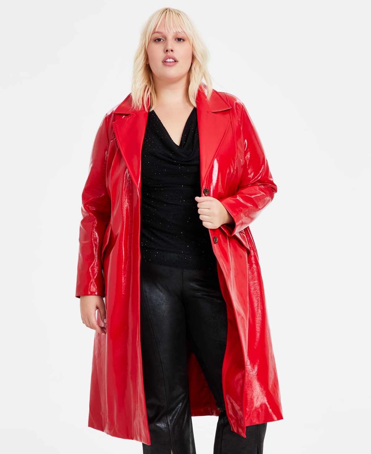 Bar Iii Trendy Plus Size Faux-Leather Trench Coat, Created for Macy's - Cherry