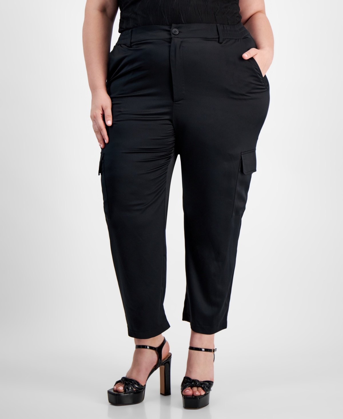 Bar Iii Trendy Plus Size Satin Cropped Cargo Pants, Created for Macy's - Deep Black