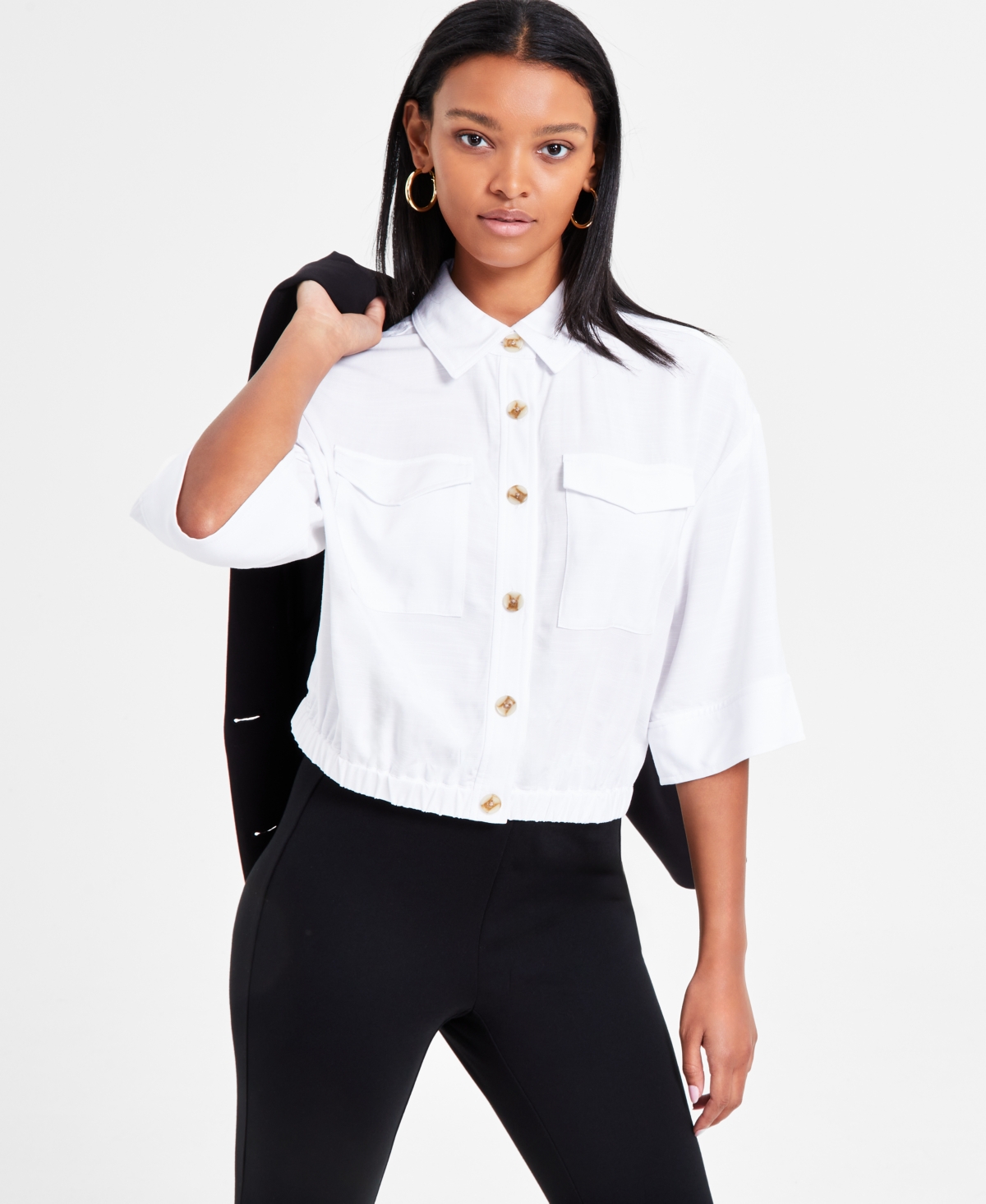 Bar Iii Women's 3/4-Sleeve Button-Front Crop Blouse, Exclusively at Macy's - Bright Whi