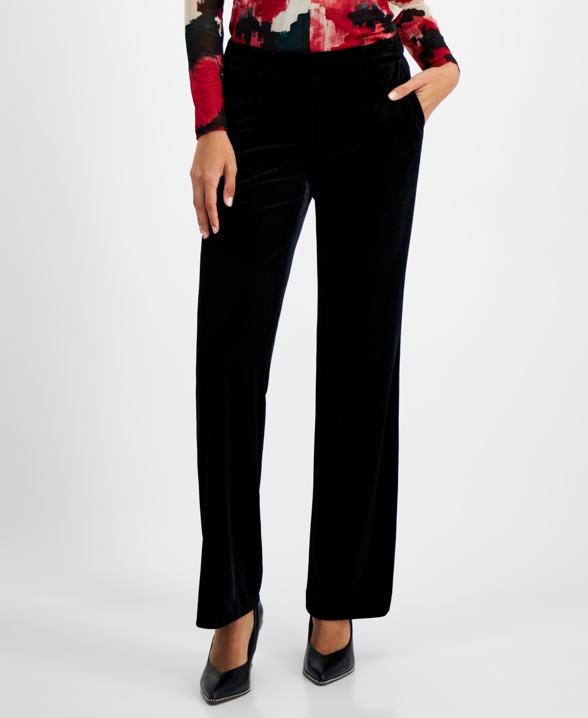 Bar Iii Women's High Rise Velvet Straight-Leg Pants, Created for Macy's - Black