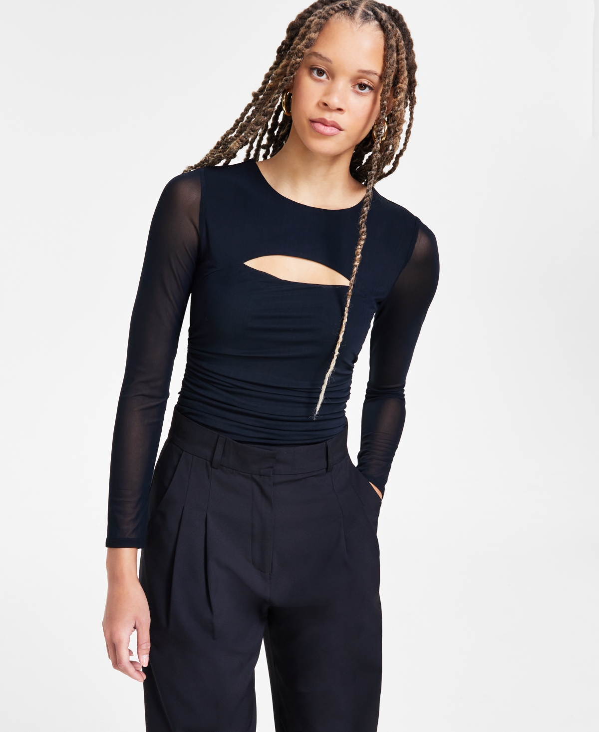 Bar Iii Women's Long-Sleeve Cutout Mesh Bodysuit, Exclusively at Macy's - Deep Black