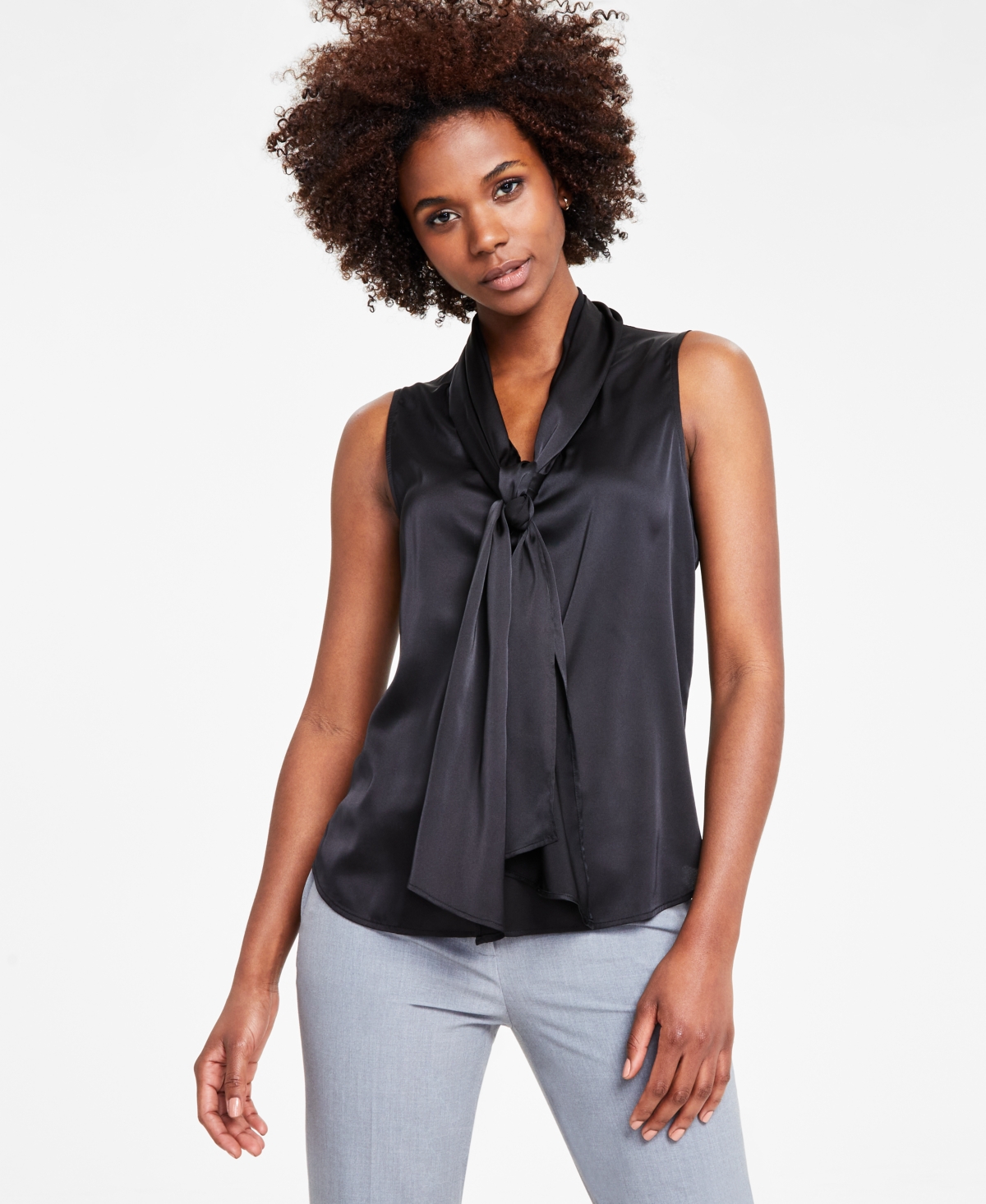 Bar Iii Women's Tie-Neck Sleeveless Satin Blouse, Created for Macy's - Black