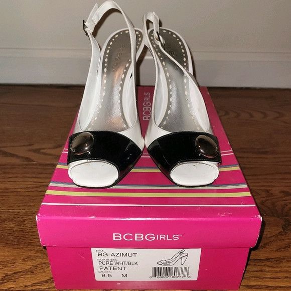 Bcbg Maxazria Nib Bcbgirls Patent Leather Colorblock Peep-Toe Slingbacks Shoes in White/Black, Women's (Size 8.5)