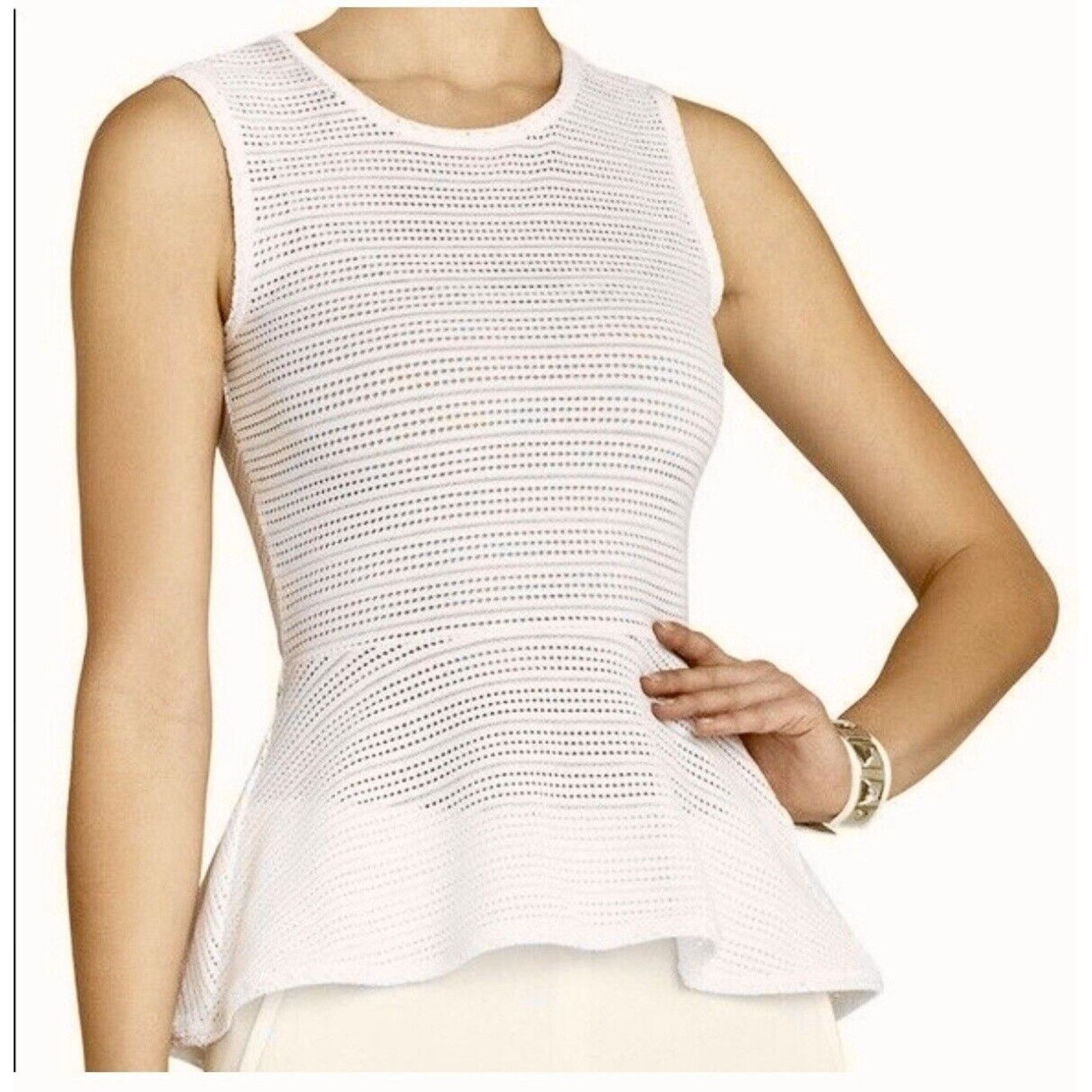 Bcbgmaxazaria Evia Peplum White Laser Cut Sleeveless Top Xs, Women's