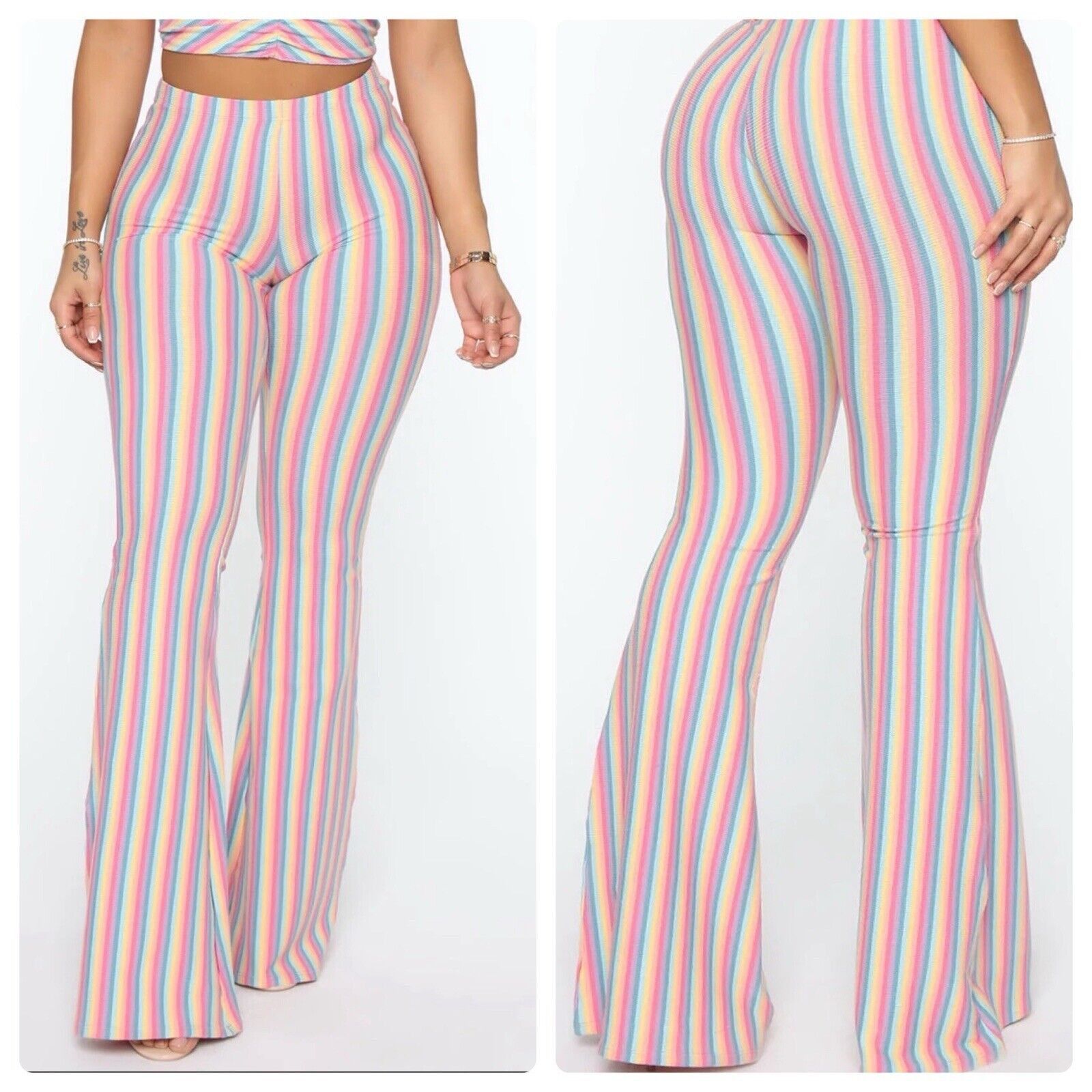 Bear Dance Ribbed Pastel Rainbow Striped Flare Leggings, Women's (Size 34)