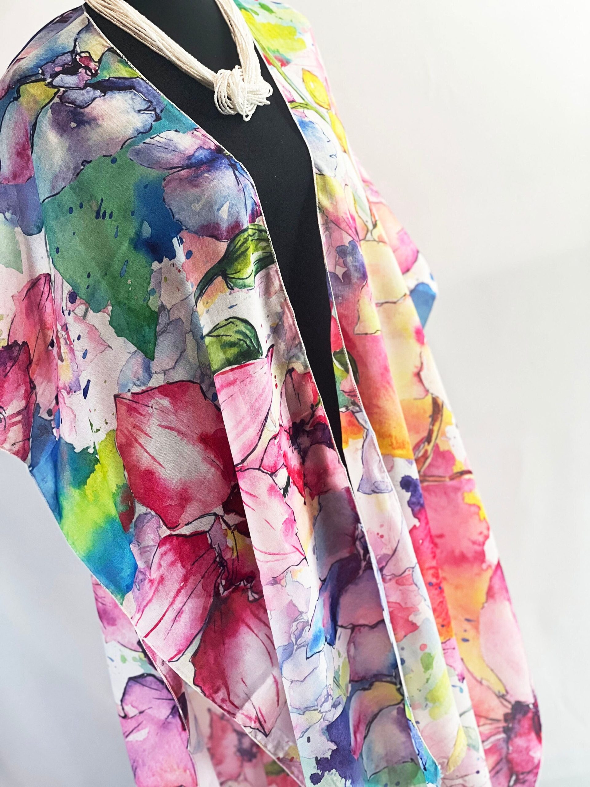 Beautiful Bohemian Floral Watercolor Kimono. Half Sleeve Kimono Blouse Lightweight Wrap Cover Beach Coverup Cruise Kimono