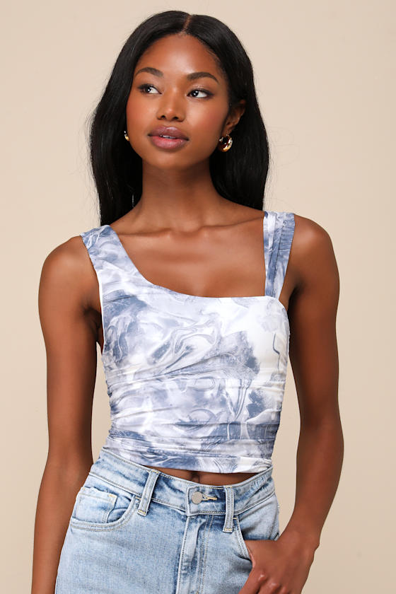 Beautiful Vision Blue and White Abstract Mesh Asymmetrical Top