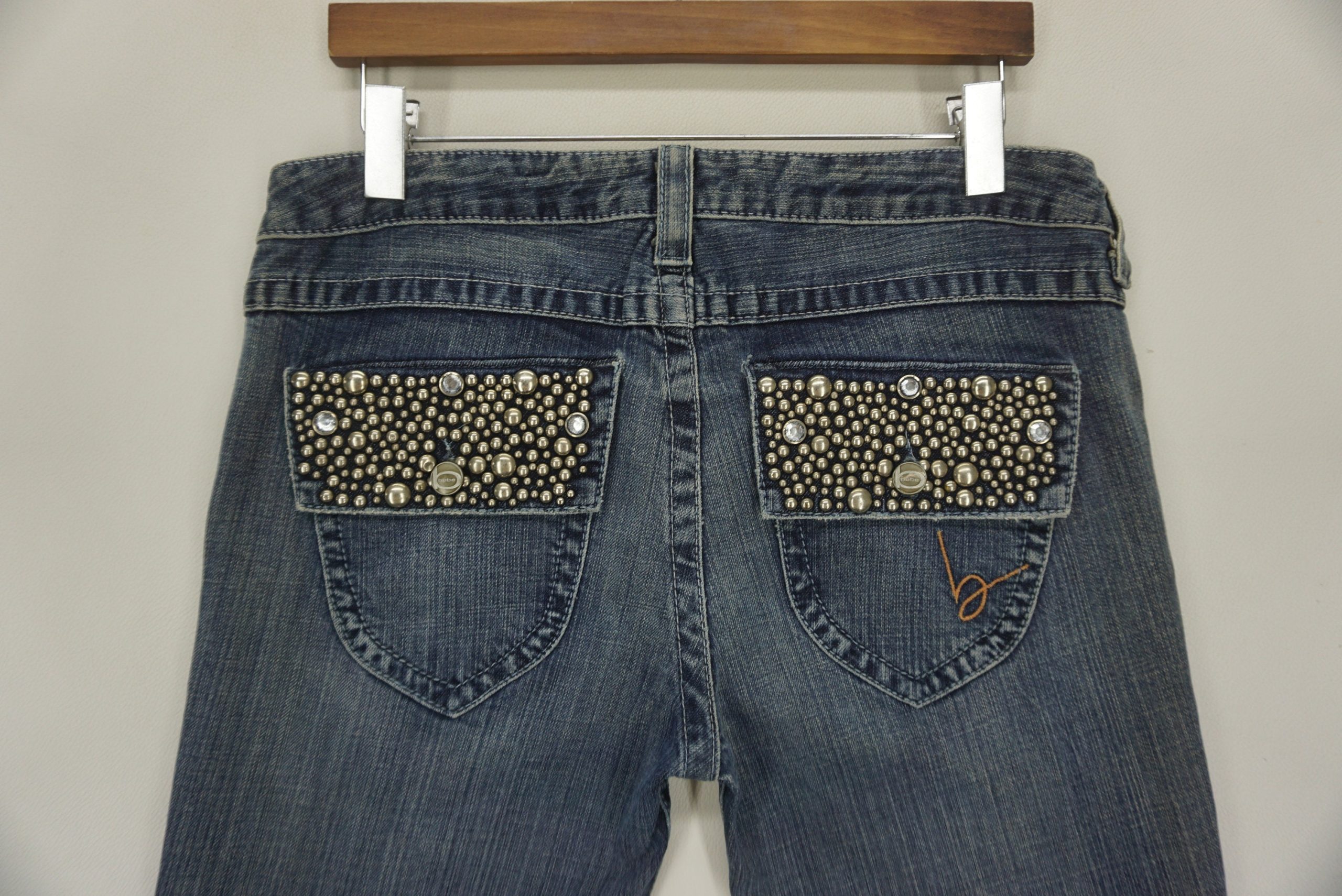 Bebe Jeans Size 31 W36xl34.5 Bebe Bootcut Denim Flare Embellished Stud Pocket Pants New Age Cowboys Made in Usa