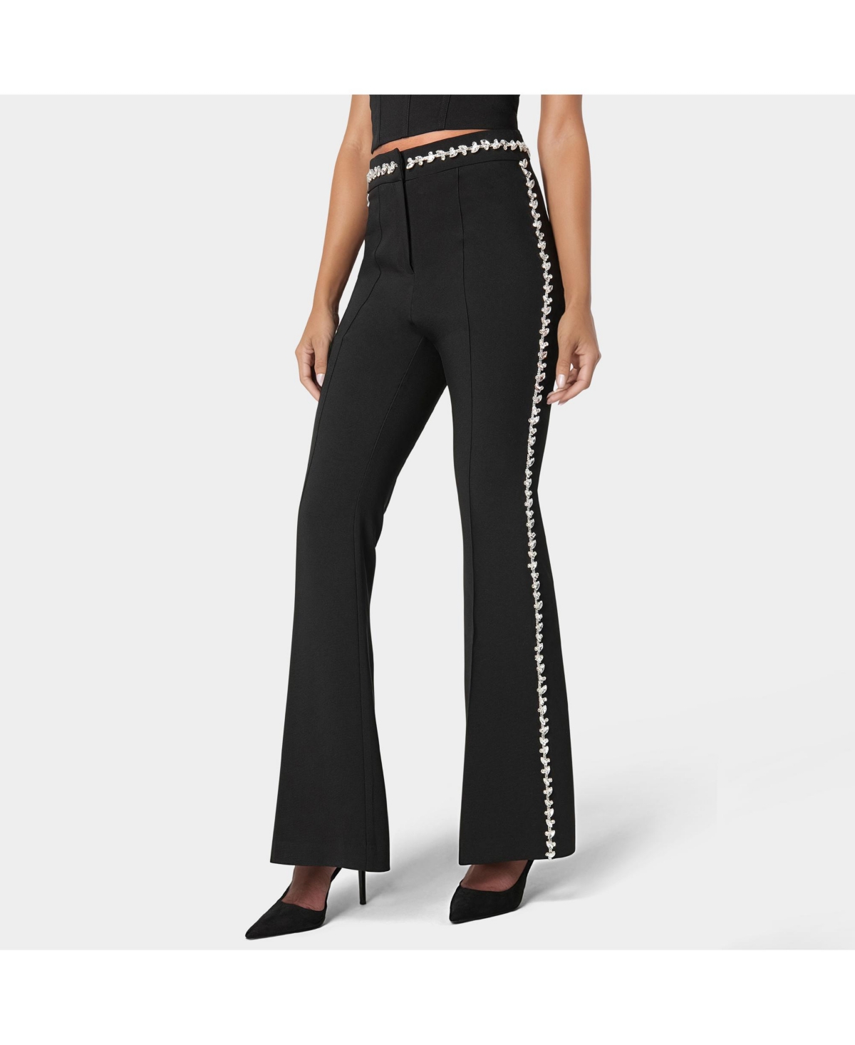 Bebe Women's High Waist Rhinestone Trim Flared Pant - Black