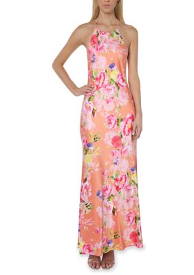 Bebe Women's Printed Satin Halter Neck Maxi Dress, 14