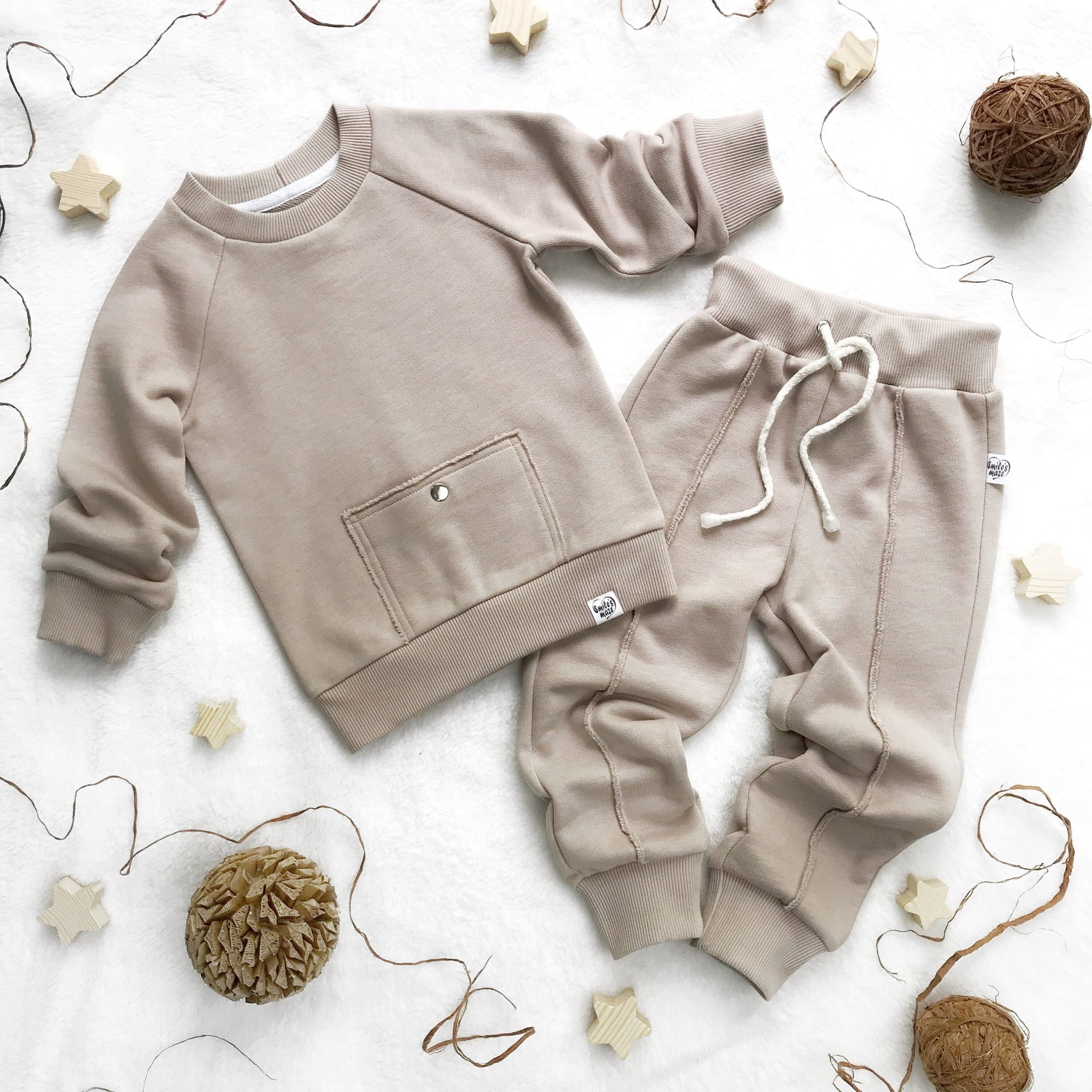 Beige Baby Sweatshirt With Pocket & Trousers | Minimalist Children's Streetwear Set