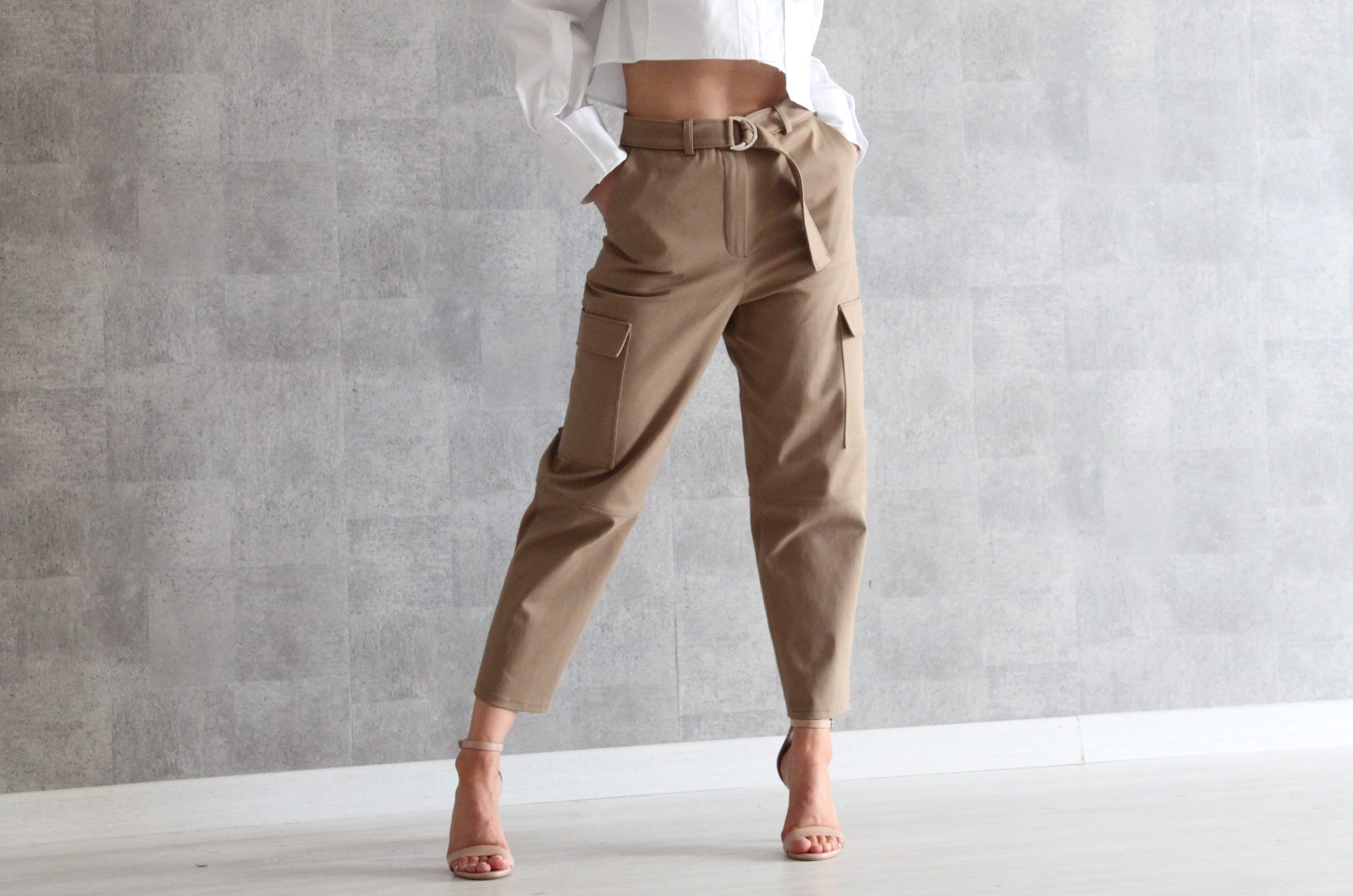 Beige Carrot Fit Cargo Pants with Matching Belt Metal Buckle | High Waisted Slouchy Trousers Front & Side Patch Pockets Flaps