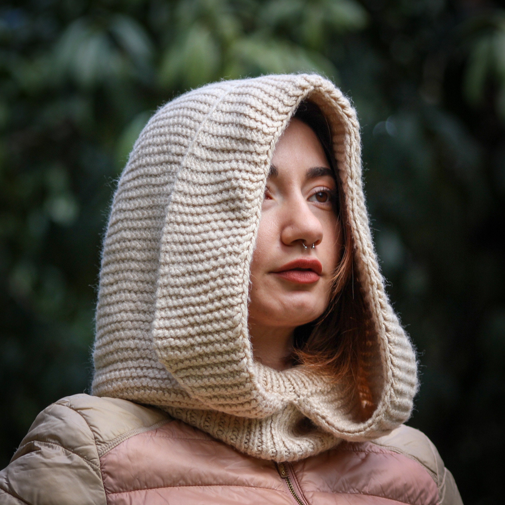 Beige Crochet Hoodie Balaclava, Knitted Turtleneck Hood, Handmade Hooded Neck Collar, Multi-Use Hood Beanie, Gıft For Her