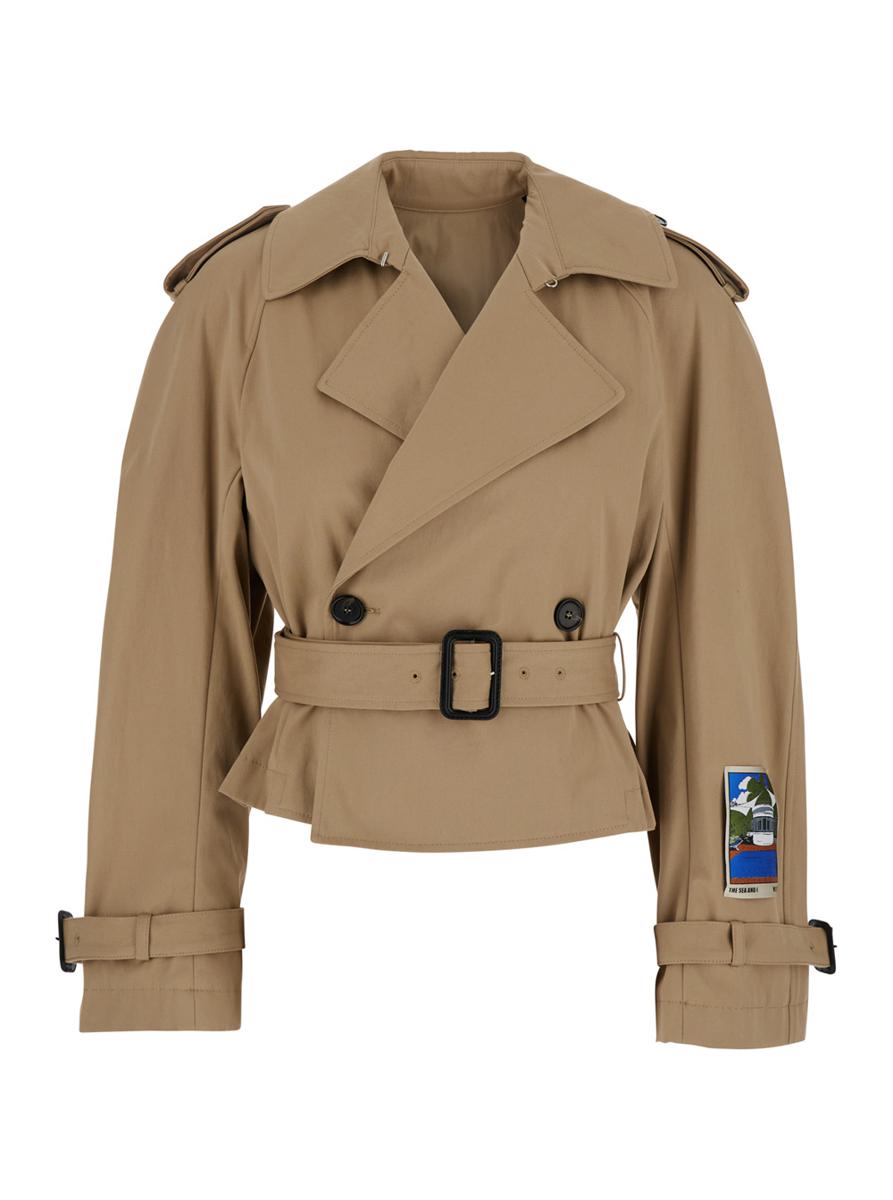 Beige Double-Breasted Crop Trench Coat With Waist Belt And Patch On The Sleeve In Cotton Woman