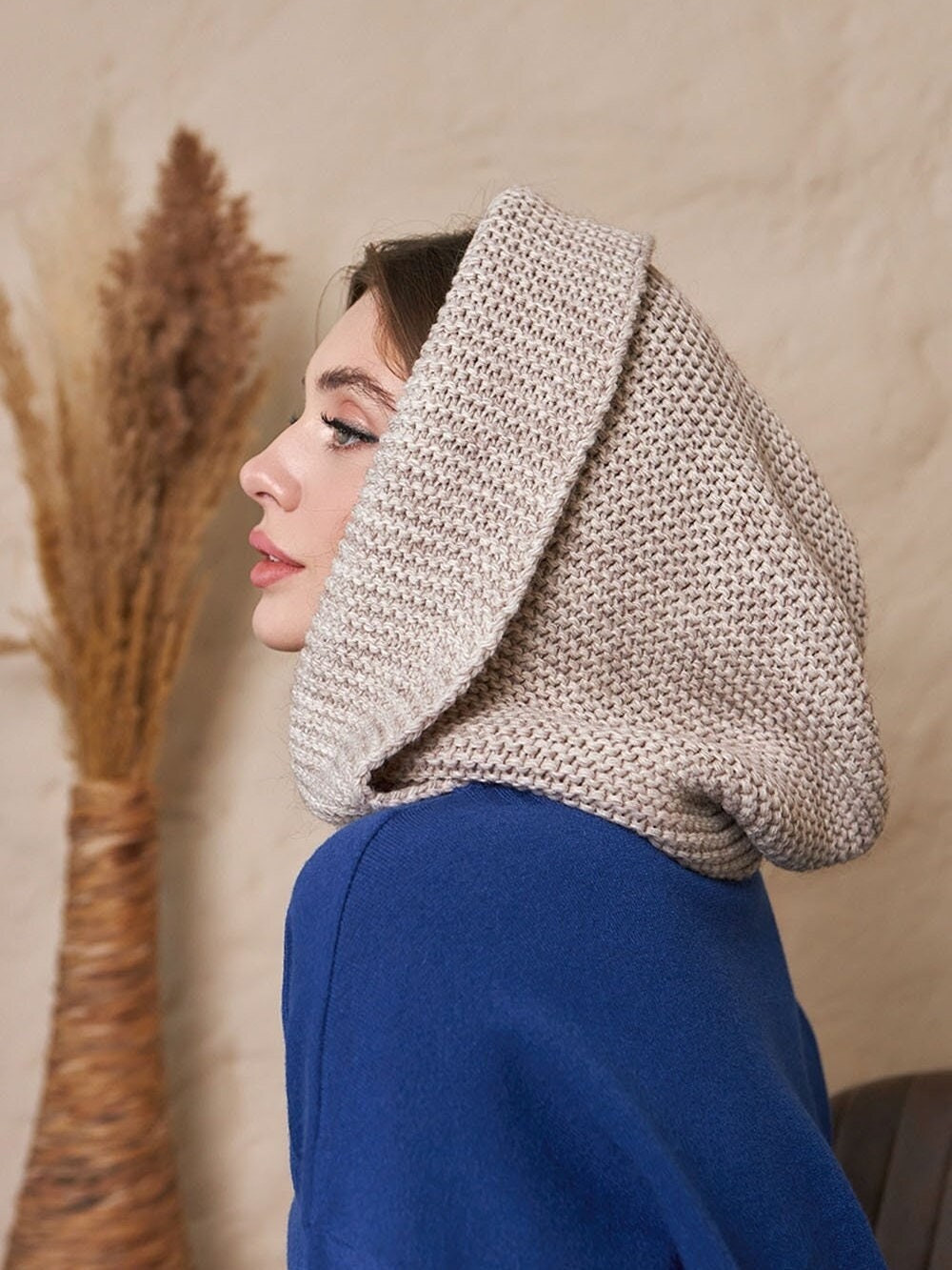 Beige Hooded Scarf, Knit Hoodie Scarves, Womens Snood, Warm Cowl, Wool Head Trend Outdoors Gift